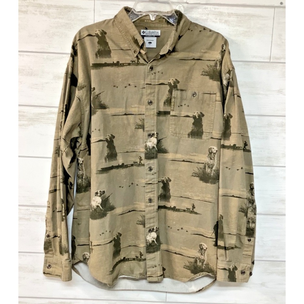 Columbia River Lodge Men's Large Button Down Long Sleeve Shirt Hunting Dog Print